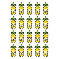 raccolta di set di simpatici personaggi di design mascotte ananas. Isolato su uno sfondo bianco. simpatico personaggio mascotte logo idea bundle concept vettore