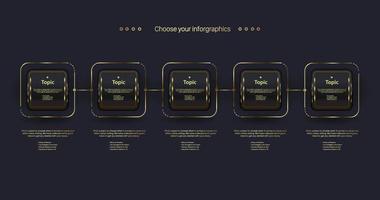 i migliori pulsanti di lusso scuri pulsanti infografica con cinque opzioni di processo, un grafico a oggetti rettangolo dorato su sfondo scuro, design del flusso di lavoro per elementi aziendali e finanziari
