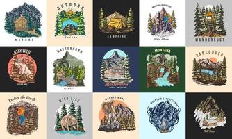 Pacchetto di design t-shirt per escursioni in montagna, set di logo distintivo illustrazione campeggio all'aperto vettore