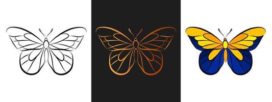 elemento di design del logo del profilo animale della farfalla. contorno nero e oro, set di icone isolate in stile line art. bellissimo modello di tatuaggio. disegno dell'insetto del fumetto. vettore
