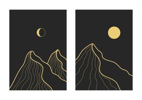 paesaggi astratti boho linea oro. manifesti di paesaggi contemporanei. montagne, dune, sole, luna, tramonto, deserto, colline design minimalista. illustrazione vettoriale