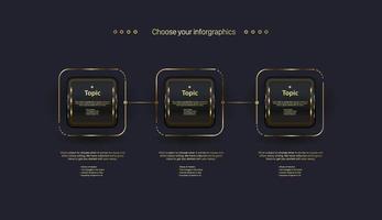 tre pulsanti di lusso scuri con un'infografica con cinque opzioni di processo, un grafico a oggetti rettangolo dorato su sfondo scuro vettore