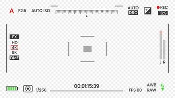 mirino della fotocamera video o registratore cornice per foto in stile piatto illustrazione vettoriale. mirino della fotocamera digitale con impostazioni di esposizione e modello di griglia di messa a fuoco. vettore