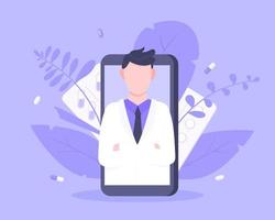 concetto di servizio medico medico online con medico nell'illustrazione vettoriale dello smartphone.