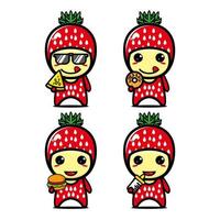 raccolta di set di simpatici personaggi di design mascotte fragola. Isolato su uno sfondo bianco. simpatico personaggio mascotte logo idea bundle concept vettore