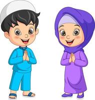 cartone animato bambino musulmano saluto salaam vettore