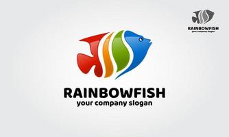 Il modello del logo del pesce arcobaleno è un segno alla moda ed eccezionale, un pesce sorridente realizzato con strisce colorate arcobaleno. vettore