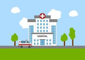 illustrazione del concetto medico con edificio ospedaliero e ambulanza in stile piatto. adatto per risorse infografiche. vettore