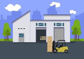illustrazione di un'area di stoccaggio con un capannone e un carrello elevatore. l'illustrazione piatta, il design è adatto per le risorse di progettazione grafica vettore