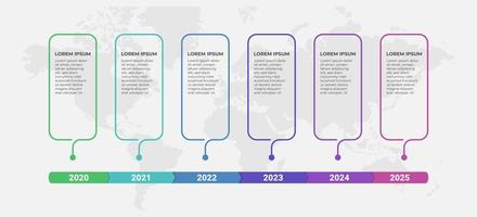 modello astratto di infografica aziendale con 6 passaggi sui diagrammi della sequenza temporale. design creativo dell'etichetta di presentazione per infografica con sfondo mappa del mondo vettore