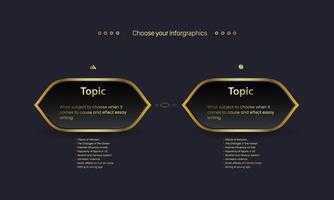 due lussuose opzioni infografiche moderne disegno grafico su sfondo scuro i passaggi del diagramma di flusso dorato utilizzati nella progettazione di oggetti finanziari e aziendali in stile vettoriale e illustrazione