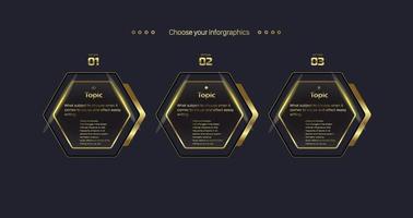 tre pulsanti dorati vettoriali premium con banner luminoso su sfondo nero, tre opzioni di lusso con design a stoke dorato, modelli vettoriali, illustrazione