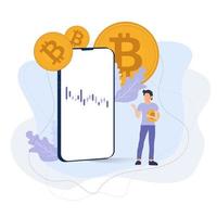 uomo intelligente che tiene valuta bitcoin e cellulare del grafico commerciale, criptovaluta astratta su sfondo bianco, vettore di pagamenti digitali, illustrazione