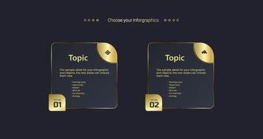 design di grafici di opzioni infografiche di lusso e pulsanti di lusso con 3 numeri di modelli concettuali banner dorati. vettore