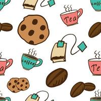 modello di doodle infinito vettoriale colorato di caffè, tè e biscotti isolati su sfondo bianco.