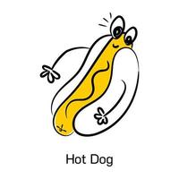 dai un'occhiata a questa simpatica icona di hot dog, vettore disegnato a mano
