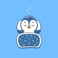simpatico pinguino che dorme con cuscino e coperta vettore