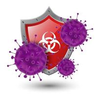 concetto di protezione antivirus, scudo rosso con virus, illustrazione vettoriale