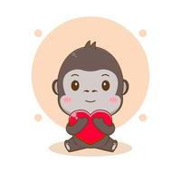 carino gorilla che abbraccia amore cuore cartone animato personaggio illustrazione vettore