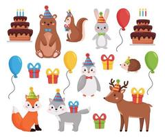 collezione di animali della foresta di compleanno. illustrazione vettoriale per inviti e biglietti di auguri. animali del bosco dei cartoni animati con palloncini, regali e torta. festa per bambini.