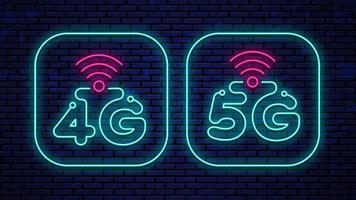 segni al neon 4g e 5g isolati sullo sfondo della parete. set vettoriale icone luminose 4g e 5g al neon.