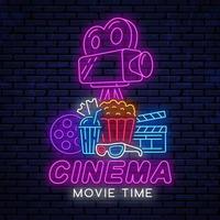 design al neon per banner, poster, pubblicità, insegna per il cinema. design luminoso di emblema al neon, logo, segno per il cinema. tempo di film. vettore