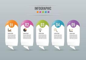 Il vettore di progettazione infografica e le icone di marketing possono essere utilizzate per il layout del flusso di lavoro, il diagramma, la relazione annuale, il web design. concetto di business con 5 opzioni, passaggi o processi.