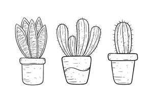 collezione di cactus in vaso con stile disegnato a mano