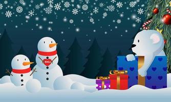 regali posti sotto l'albero di natale. regalo di Babbo Natale nella neve. vari regali come orsacchiotti, scatole regalo e caramelle.