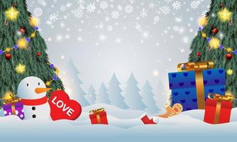 regali posti sotto l'albero di natale. regalo di Babbo Natale nella neve. vari regali come orsacchiotti, scatole regalo e caramelle.