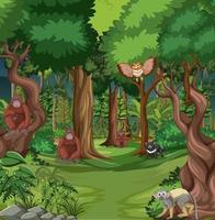 scena della foresta con vari animali selvatici vettore