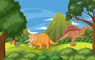 scena della natura con alberi sulle montagne con dinosauro vettore