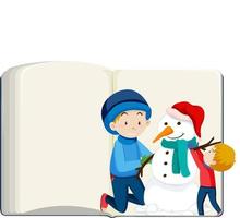 libro bianco aperto con bambini e pupazzo di neve vettore