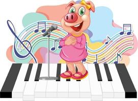 simpatico maiale canta una canzone con note musicali al pianoforte vettore
