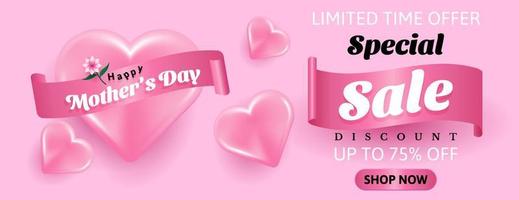 modello di progettazione banner di vendita con cuore rosa realistico e nastro su sfondo rosa. illustrazione vettoriale