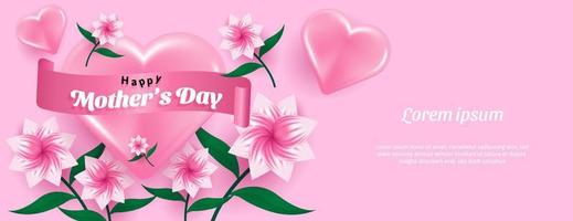 sfondo realistico della bandiera della festa della mamma in colore rosa con cuore e fiore. illustrazione vettoriale