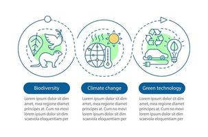 modello di infografica vettoriale ecologia. cambiamento climatico, biodiversità, tecnologia verde. visualizzazione dei dati con tre passaggi e opzioni. grafico della sequenza temporale del processo. layout del flusso di lavoro