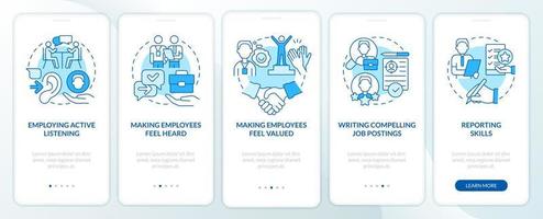 Schermata dell'app mobile per l'onboarding blu delle competenze professionali delle ore. procedura dettagliata per il reclutamento pagine di istruzioni grafiche in 5 passaggi con concetti lineari. ui, ux, modello gui. sono stati utilizzati una miriade di caratteri normali in grassetto vettore