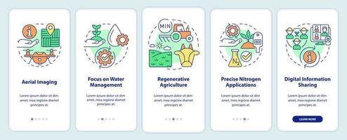 tendenze nella schermata dell'app mobile per l'onboarding dell'agricoltura. innovazioni walkthrough 5 passaggi istruzioni grafiche pagine con concetti lineari. ui, ux, modello gui. sono stati utilizzati una miriade di caratteri normali in grassetto vettore