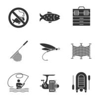 set di icone del glifo di pesca. nessun segno di pesca, cassetta degli attrezzi, guadini, pesca a mosca, mulinello da spinning, gommone a motore. simboli di sagoma. illustrazione vettoriale isolato