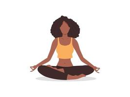 donna meditante. la donna afroamericana medita nella posa del loto. illustrazione vettoriale per yoga, meditazione, stile di vita rilassante