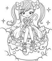 Pagina da colorare principessa stile kawaii carino anime cartone animato disegno illustrazione vettore doodle