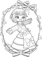 Pagina da colorare principessa stile kawaii carino anime cartone animato disegno illustrazione vettore doodle