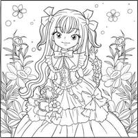 Pagina da colorare principessa stile kawaii carino anime cartone animato disegno illustrazione vettore doodle