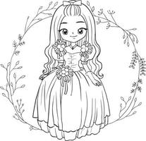 Pagina da colorare principessa stile kawaii carino anime cartone animato disegno illustrazione vettore doodle