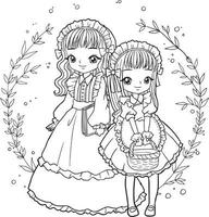 Pagina da colorare principessa stile kawaii carino anime cartone animato disegno illustrazione vettore doodle