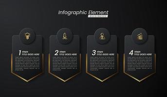 modello vettoriale 3d infografica elegante oro scuro con passaggi per il successo. presentazione con icone di elementi di linea. il design del concetto di business può essere utilizzato per il layout di web, brochure, diagrammi, grafici o banner