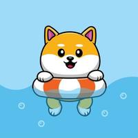 simpatico cane shiba inu che galleggia con pneumatici da nuoto sull'illustrazione dell'icona di vettore del fumetto del mare. concetto di icona della natura animale isolato vettore premium.