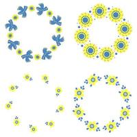 set di cornici rotonde con girasoli, uccelli e fiori. bellissimi tovaglioli decorativi nei toni del giallo e del blu, colori della bandiera ucraina. illustrazione vettoriale. per arredamento, design e tovaglioli vettore