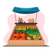 bancarella del mercato in legno con frutta e verdura dell'azienda agricola in un'illustrazione di vettore della scatola. bancarella del mercato in legno con frutta fresca biologica sotto un baldacchino